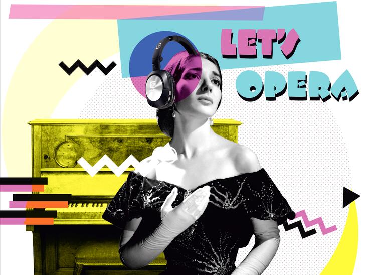 Collage, Bild einer Frau in einem Kleid Anfang/Mitte 20. Jah. in schwarz weiß, darüber Schriftzug "Let's opera"