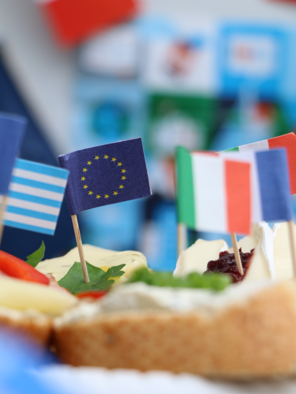 Häppchen mit internationalen Fahnen auf Zahnstochern