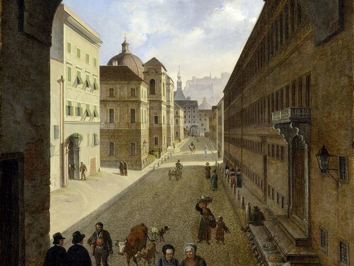 Johann Michael Sattler, Ansicht der Dreifaltigkeitsgasse [Kosmorama] 1827/28 | © Salzburg Museum