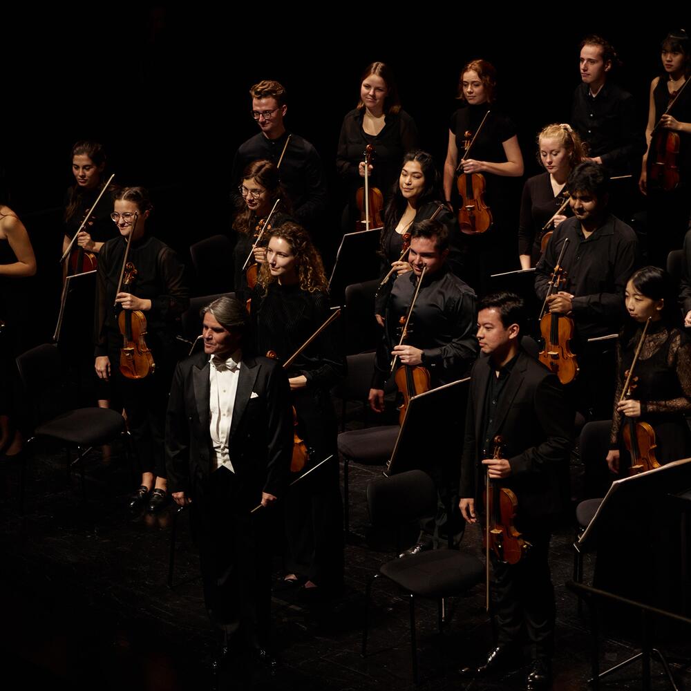 Geiger*innen mit Dirigenten Ion Marin auf der Bühne, Blick zum Publikum | © Elsa Okazaki