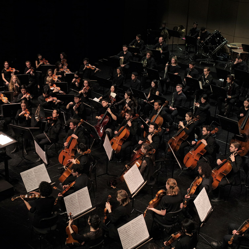 Sinfonieorchester von oben fotografiert, dunkler Raum | © Elsa Okazaki
